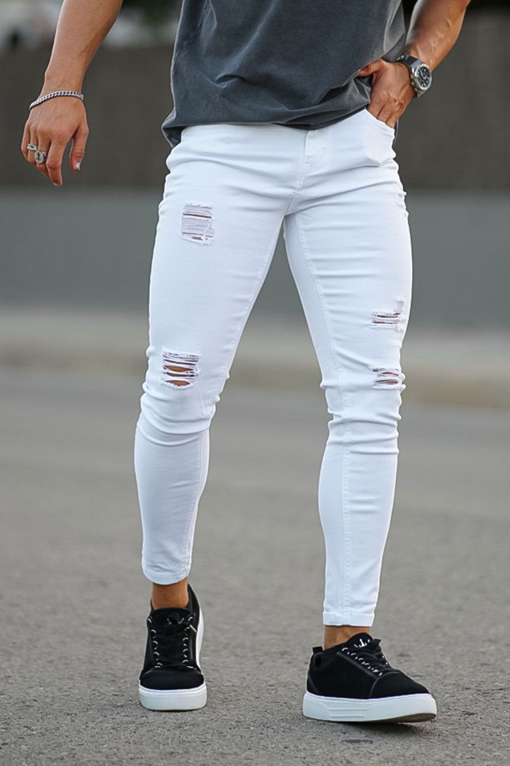 Men's Ripped Skinny Jeans – White